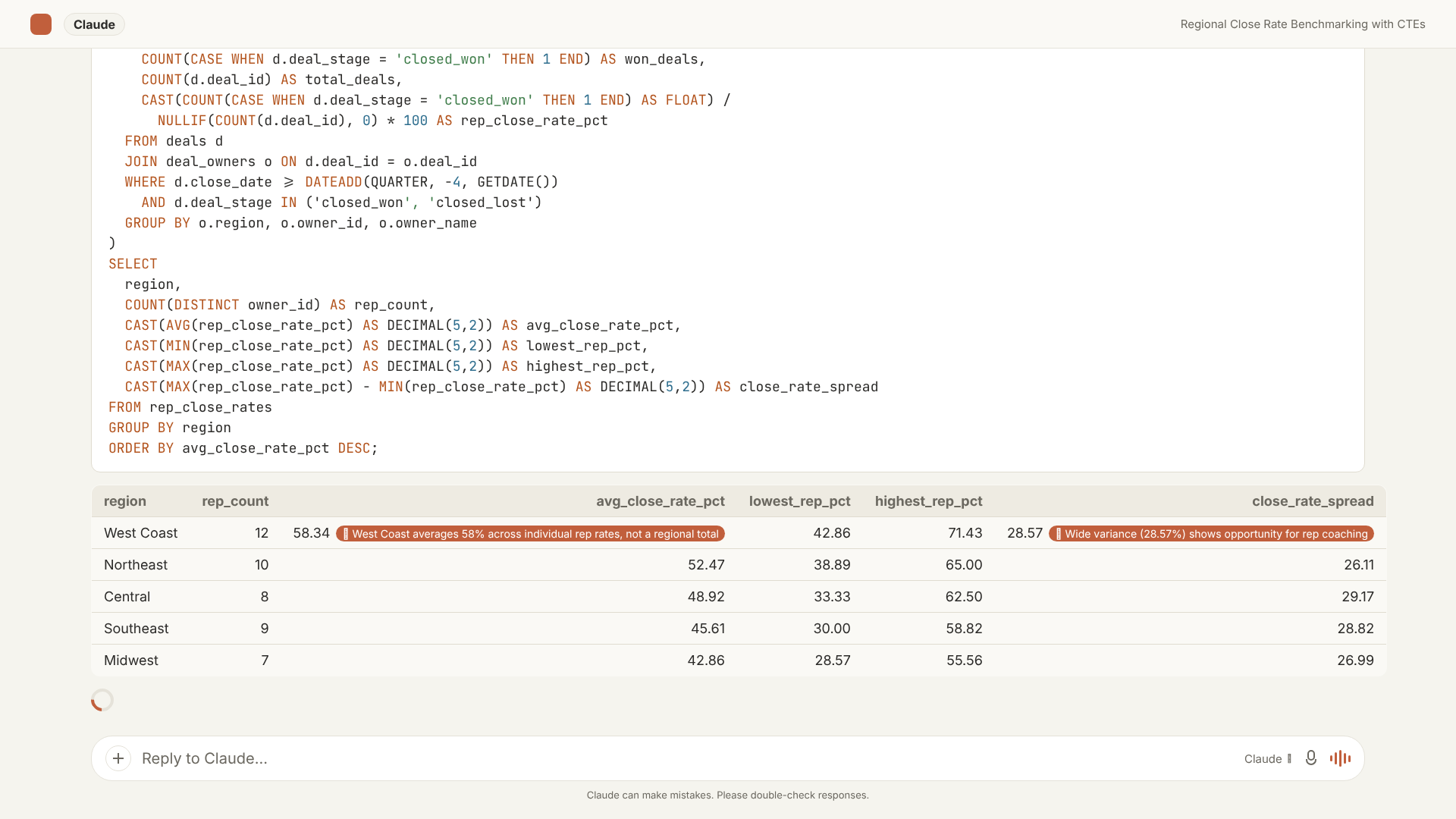 AI Context Bridge showing per-rep close rate computation via a CTE query, two-pass aggregation