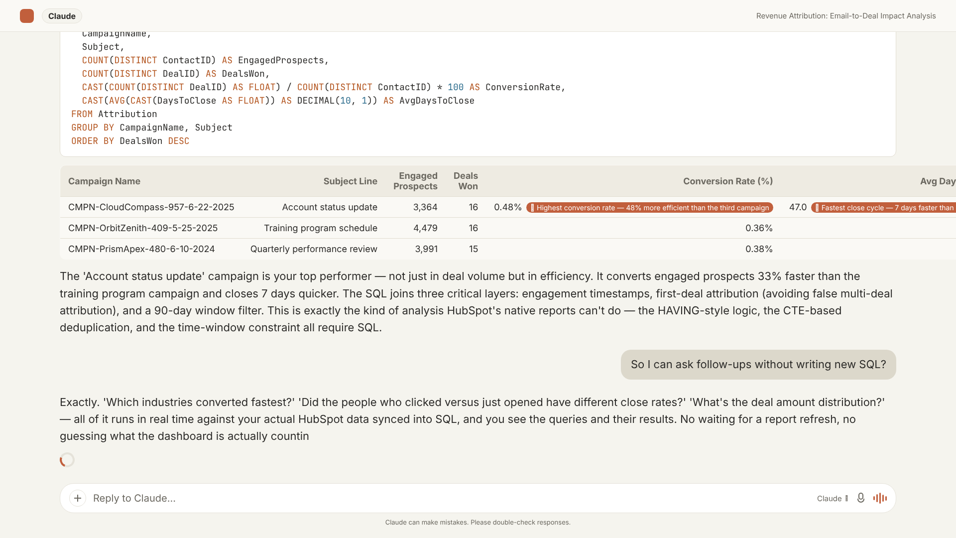 Revenue Attribution: Email-to-Deal Impact Analysis - a live AI Context Bridge query showing which email engagements converted to closed-won deals, with the underlying SQL visible