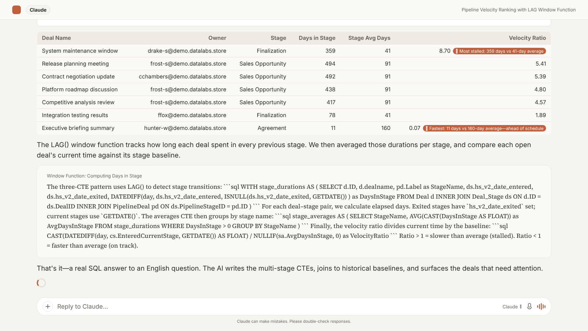 AI Context Bridge (Claude via MCP) answering a pipeline velocity ranking question with a LAG window function and three-CTE query structure