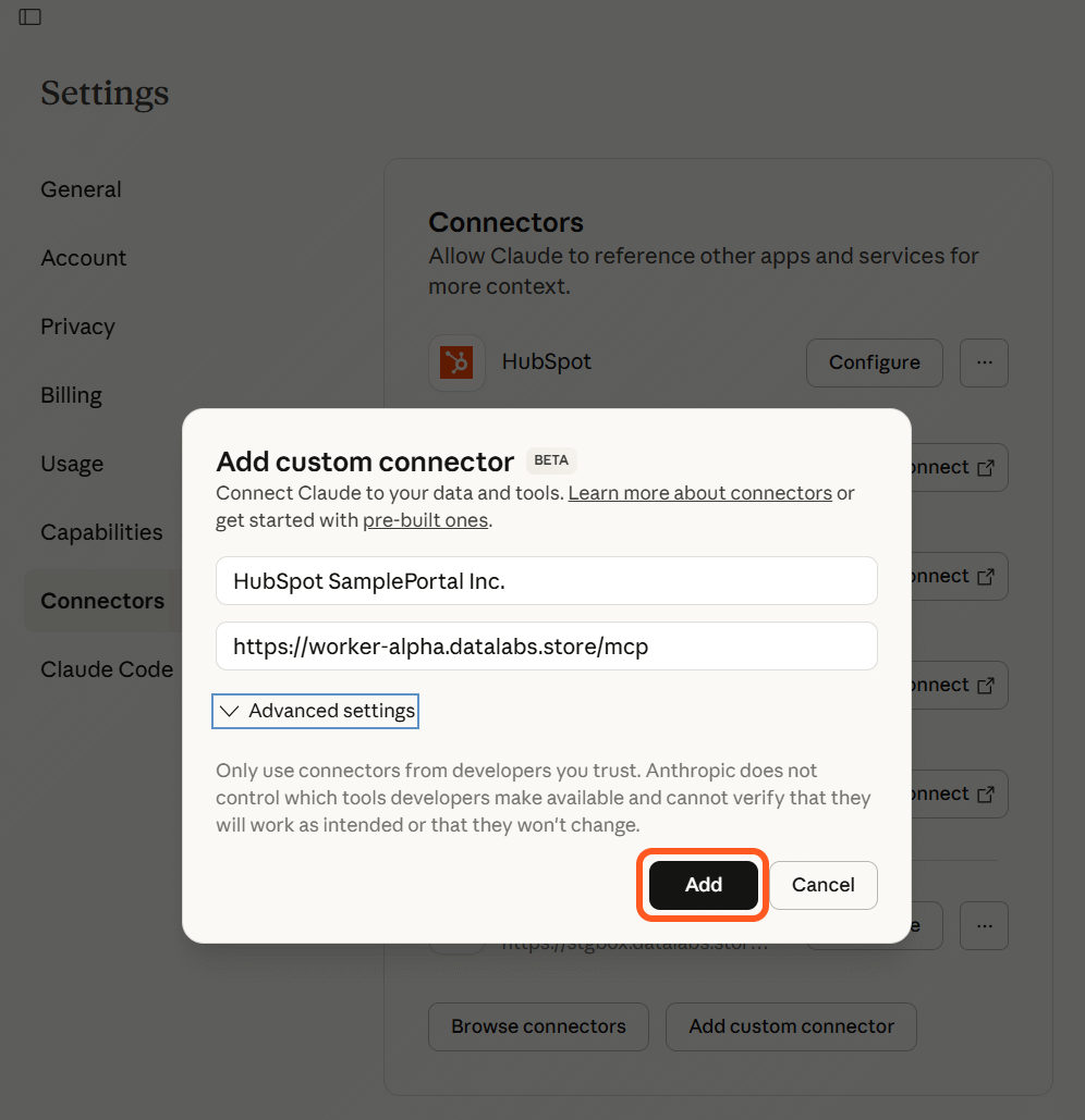 Claude AI Settings - Add Connector