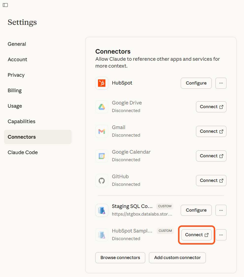 Claude AI - Connect button on a newly added MCP server (Connector)